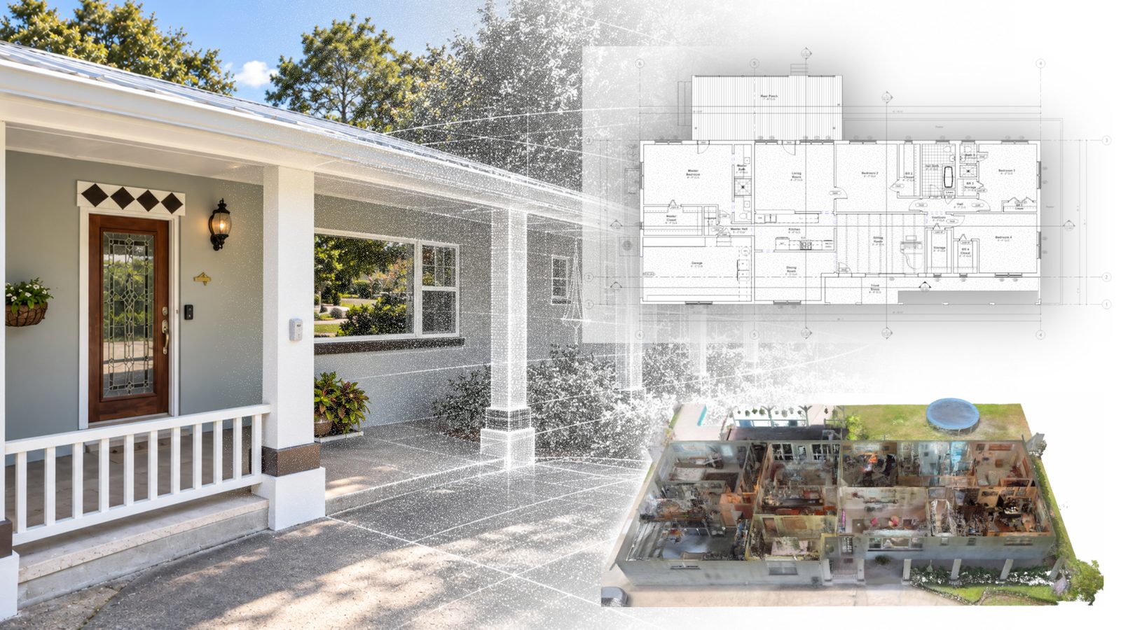 House exterior, point-cloud plan, and floor-plan drawing combined in one image.