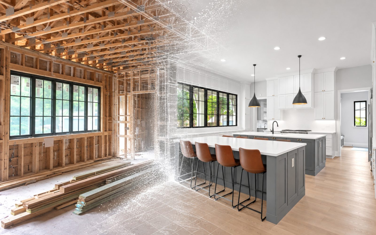 Unfinished wood-framed room blended into a finished kitchen interior.