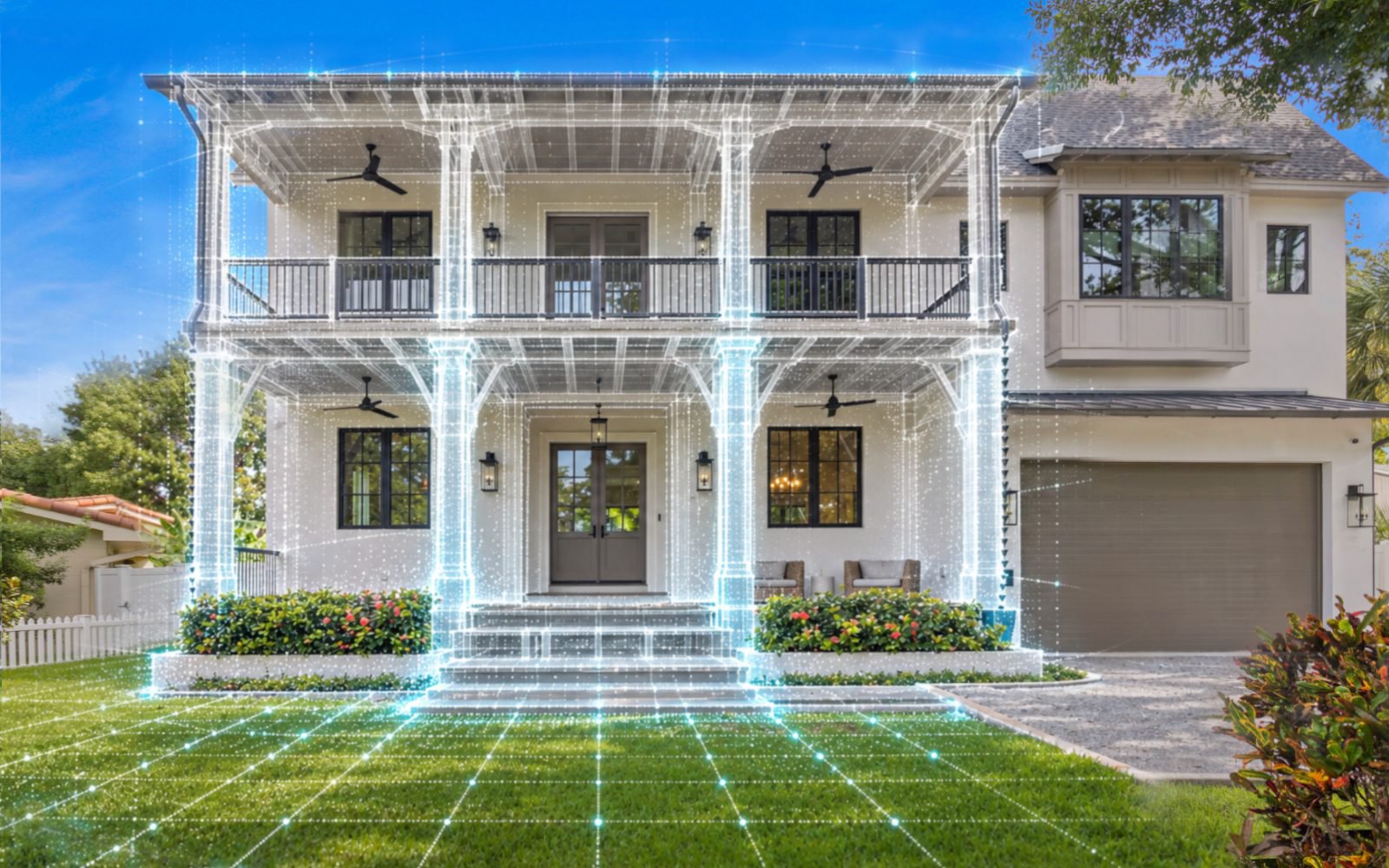 House exterior photograph with a white point-cloud scanning overlay.