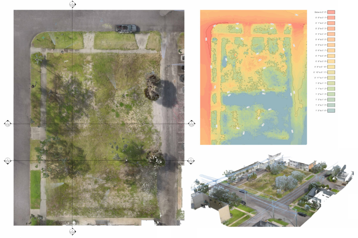 Overhead point-cloud site view with a color-coded topographic visualization and spatial perspective.