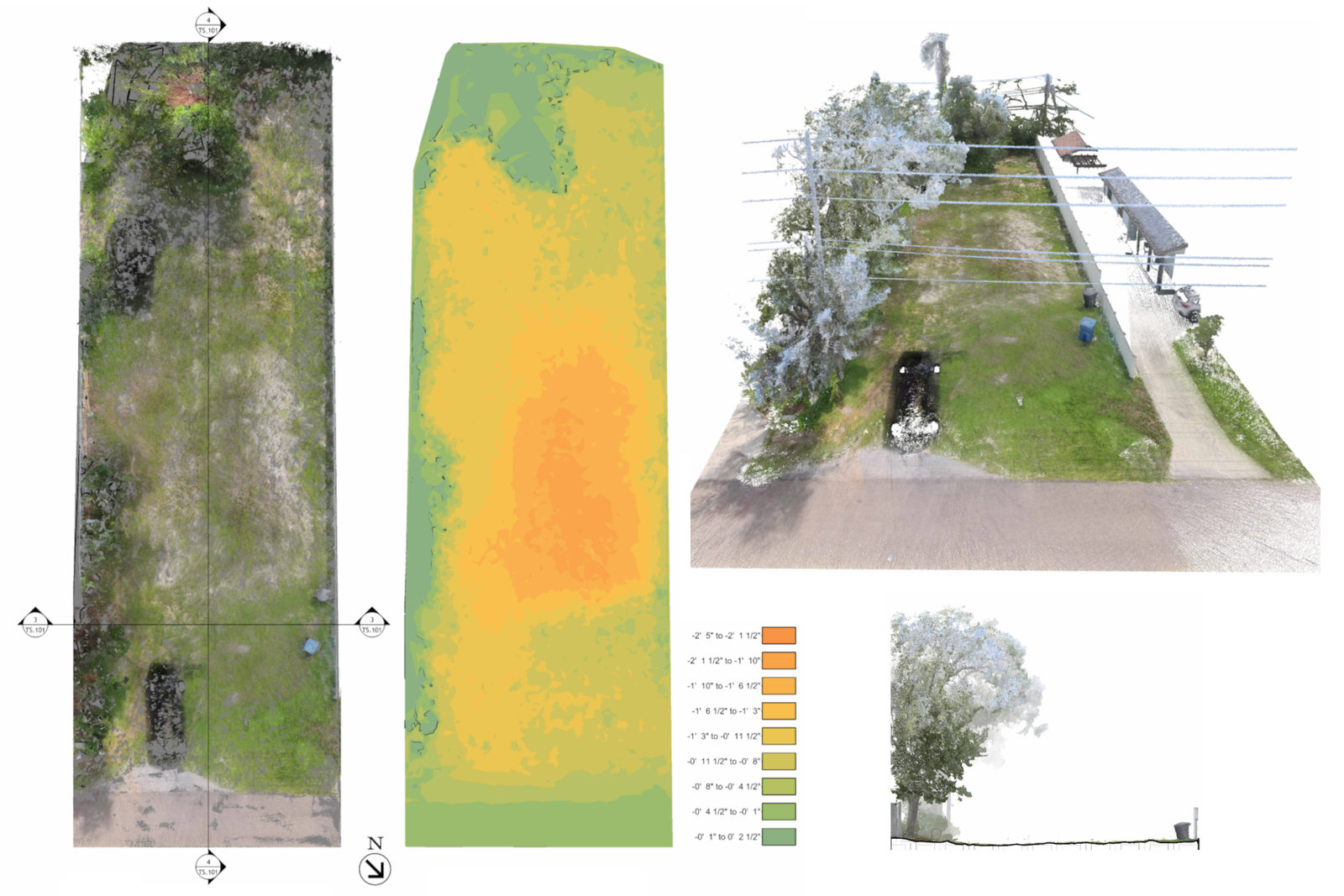Site plan, color-coded elevation map, perspective scan, and tree view.