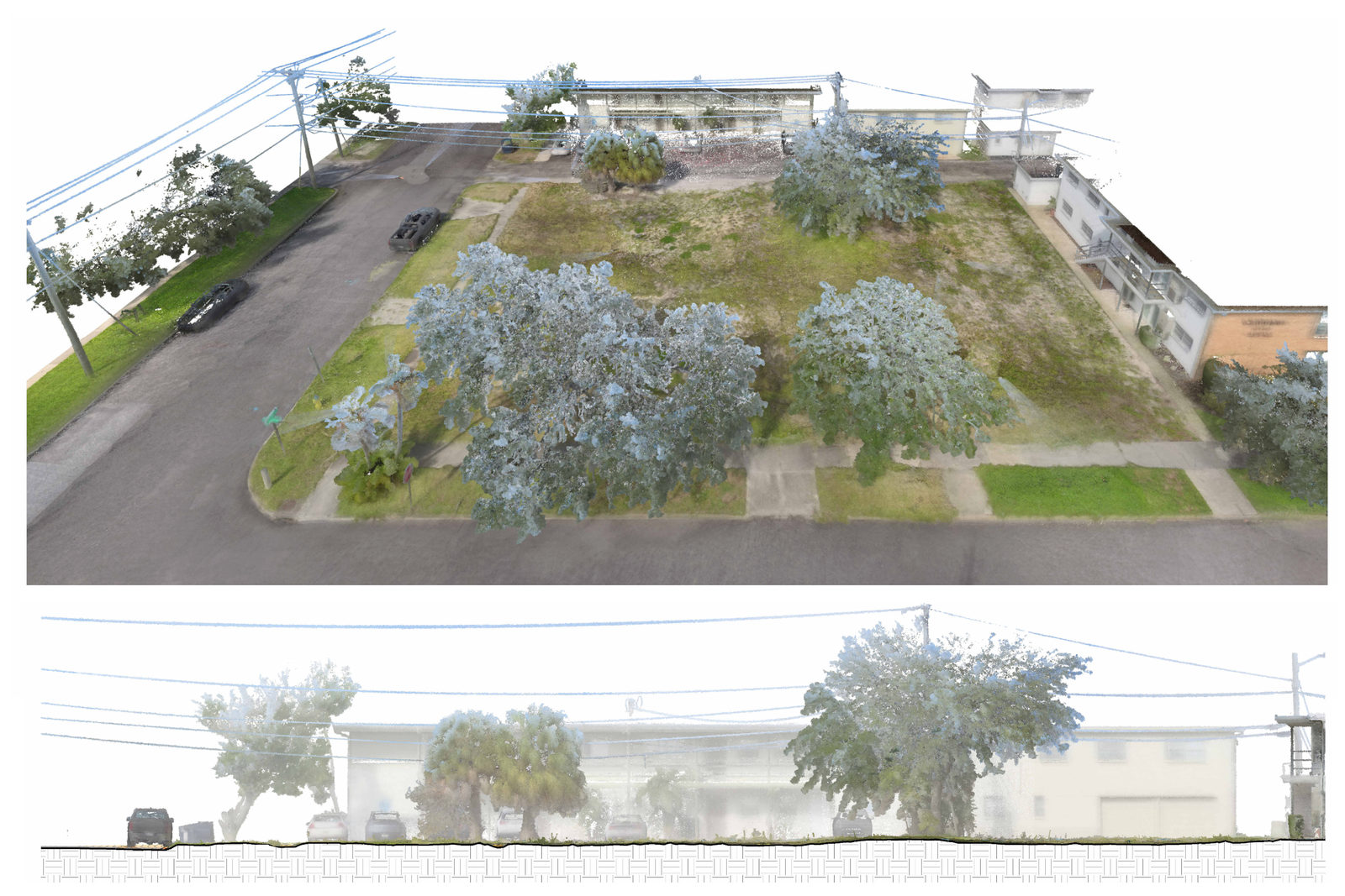 Site perspective scan above a building elevation.