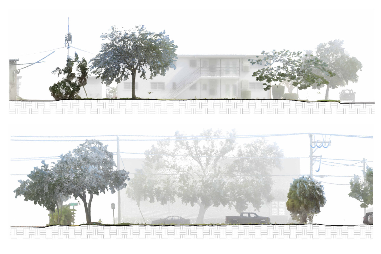 Two point-cloud building elevations with trees and overhead wires.