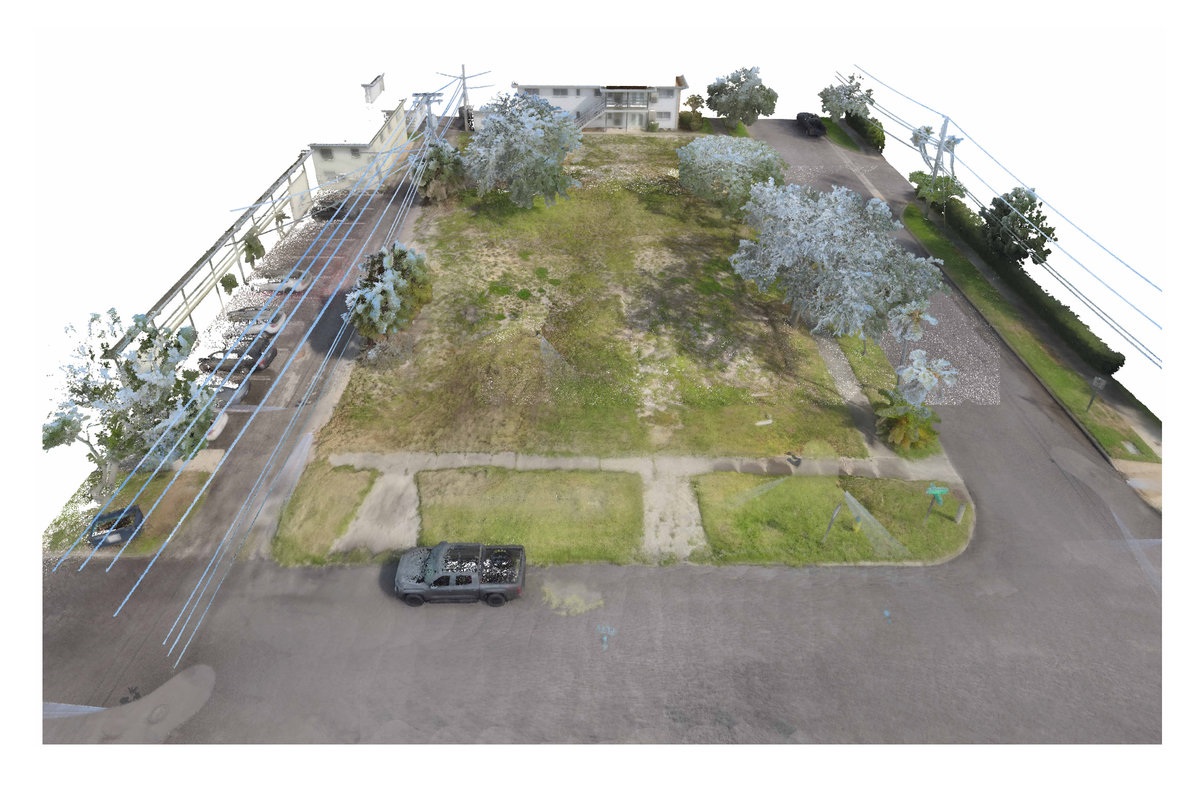 Perspective point-cloud view of an open site with surrounding streets, trees, and utility lines.