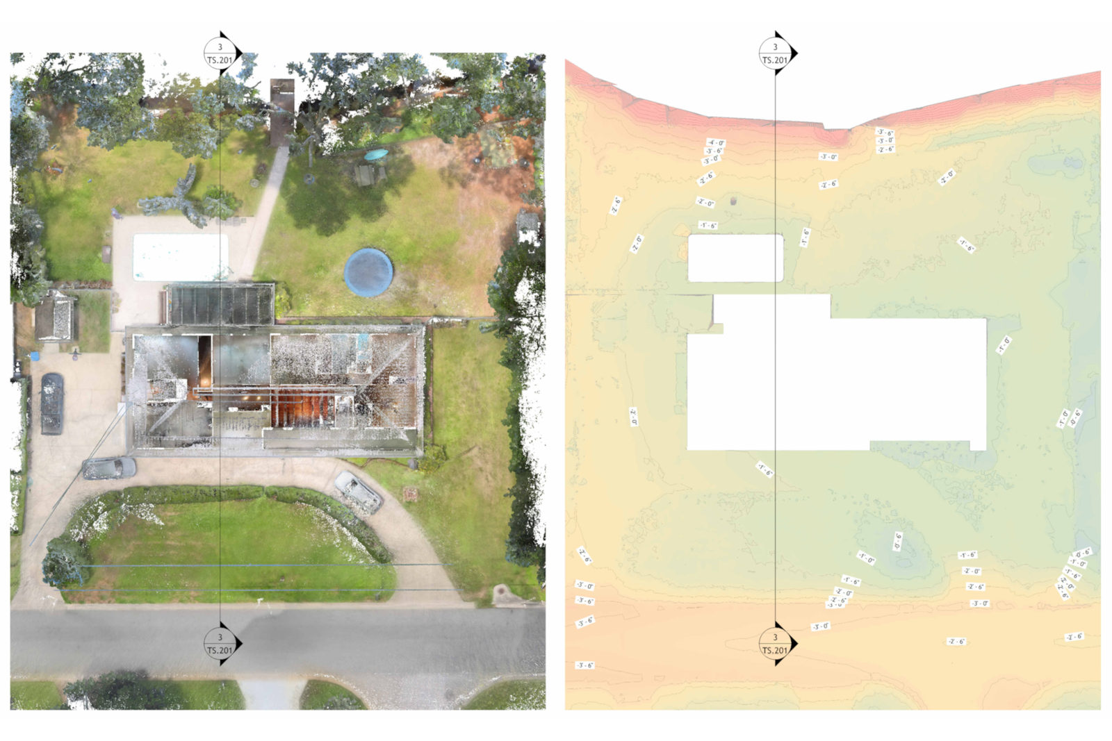 Overhead property view beside a color-coded site elevation map.