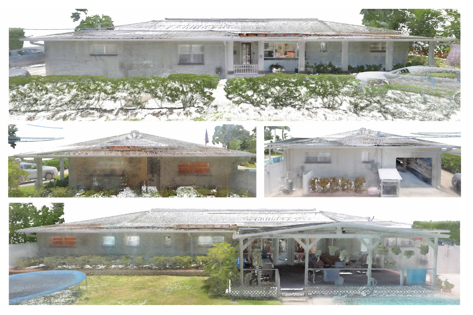 Point-cloud exterior elevations of a single-story house.