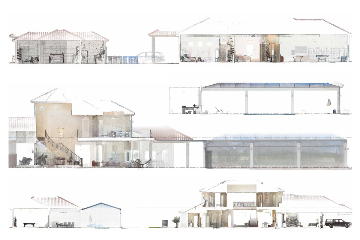 Point-cloud building sections showing interior spaces, roof forms, and floor relationships.