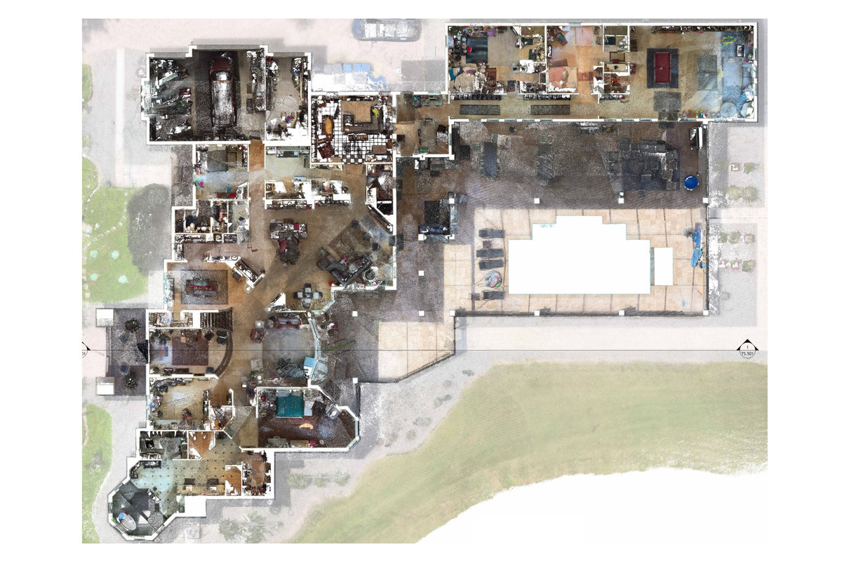 Overhead point-cloud plan showing interior rooms and surrounding site areas.