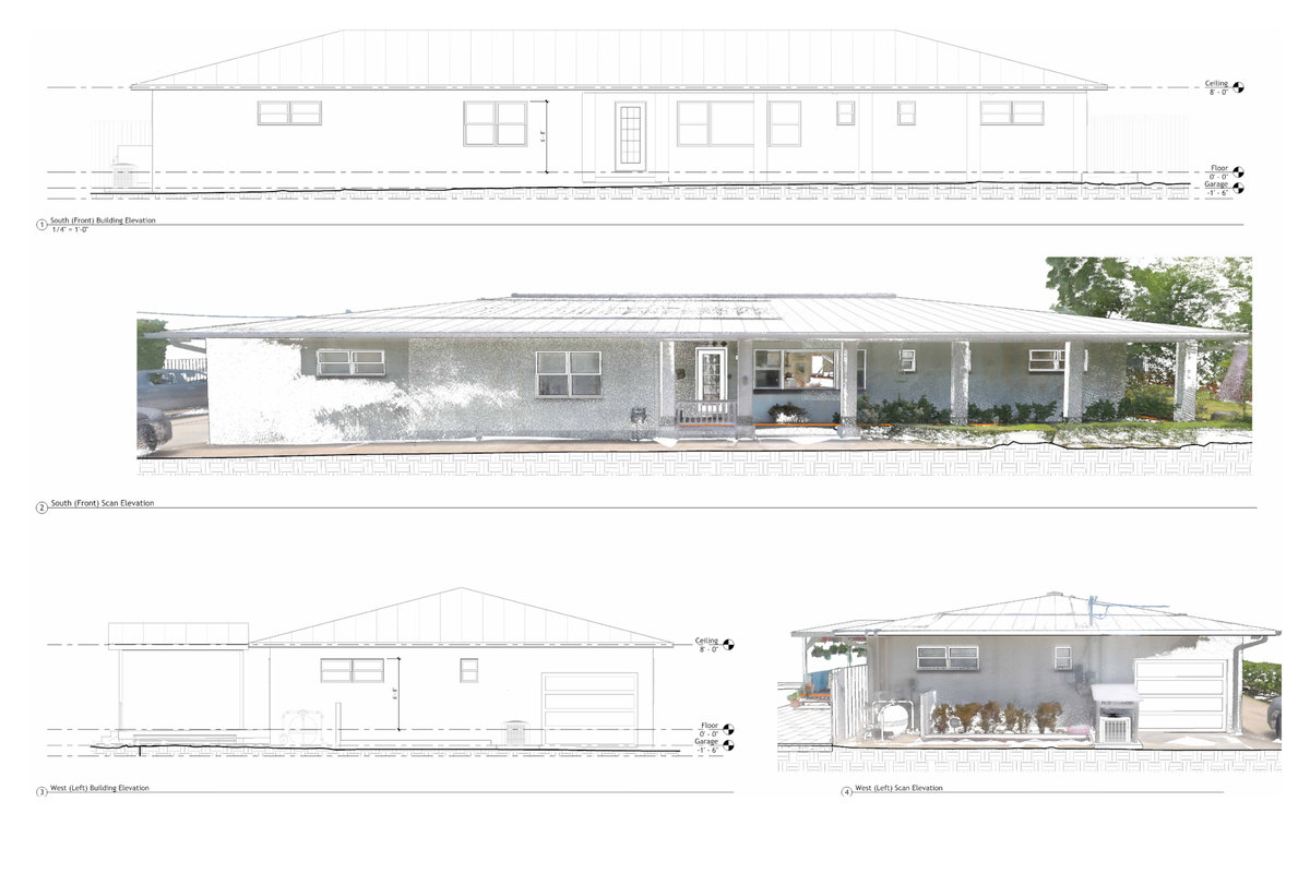 Existing-condition exterior elevations paired with point-cloud scan elevations of the same building.