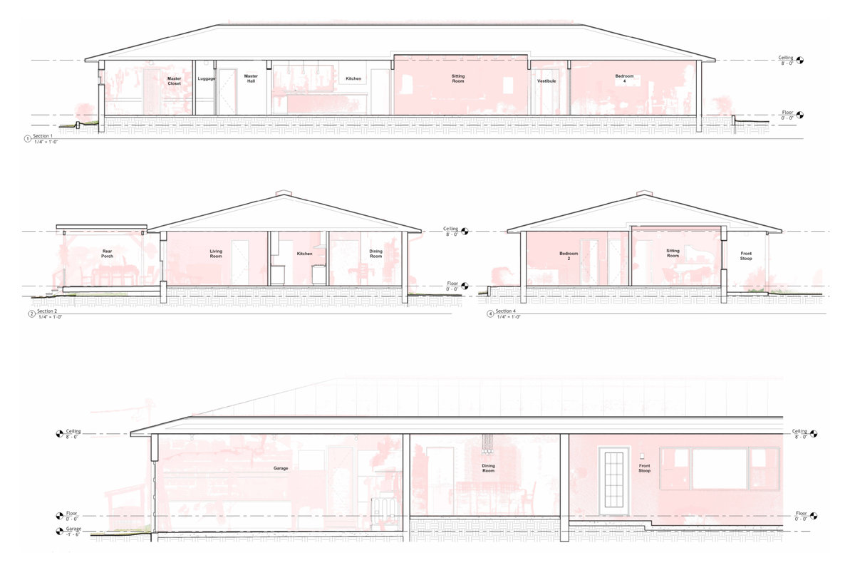 Existing-condition building sections with point-cloud data visible behind the architectural linework.