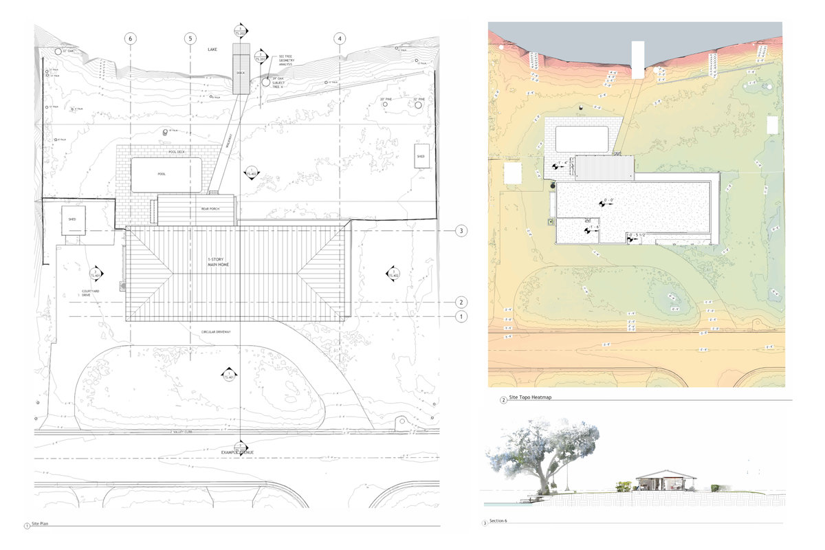 Existing-condition site plan with grade information, site features, a topographic view, and a site section.