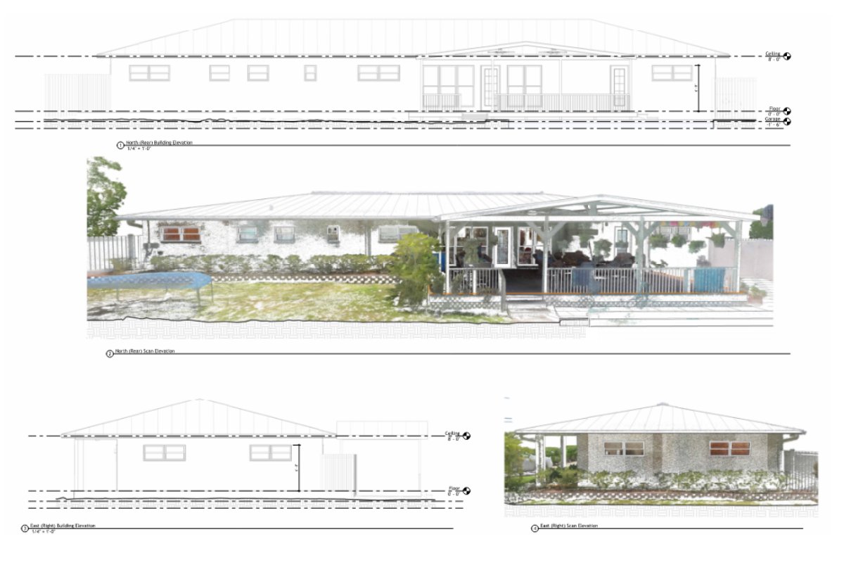Existing-condition exterior elevations and point-cloud scan elevations of the same building views.