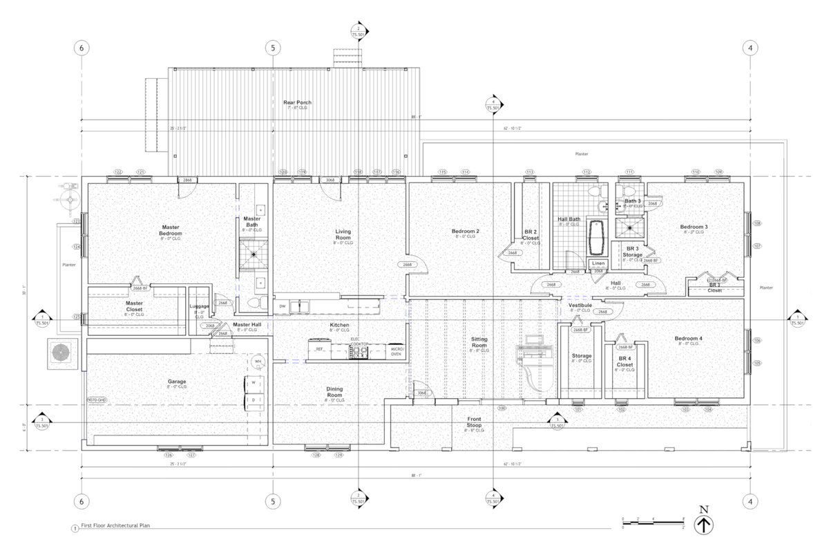 Dimensioned existing-condition floor plan documenting rooms, openings, fixtures, and exterior features.