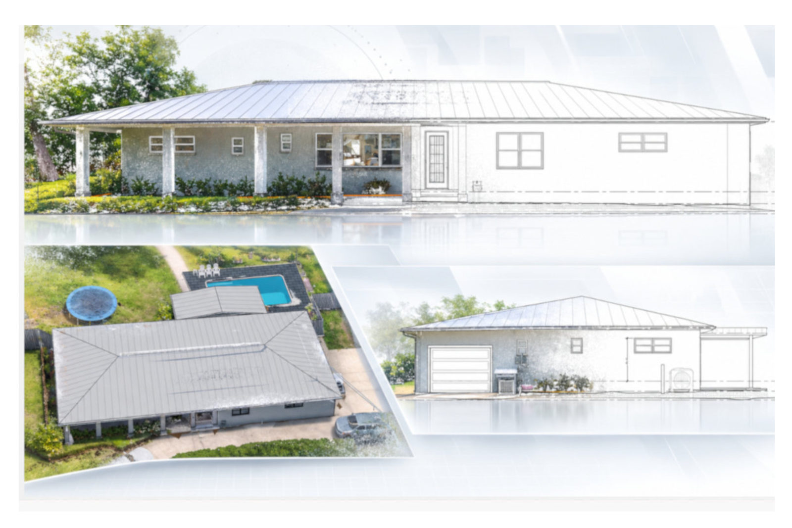 Building exterior, overhead view, and coordinated elevation views.