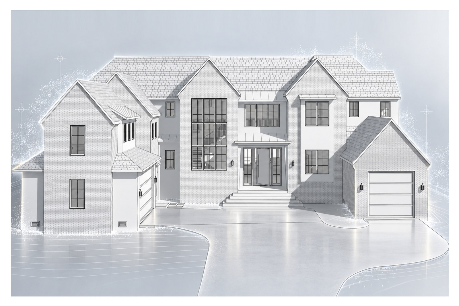 Front model view with multiple gabled roofs, a central entry, and garages on both sides.