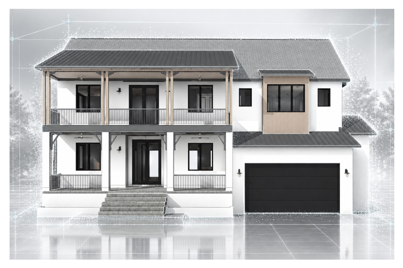 Front model view with stacked covered porches, entry stairs, and a garage on the right.