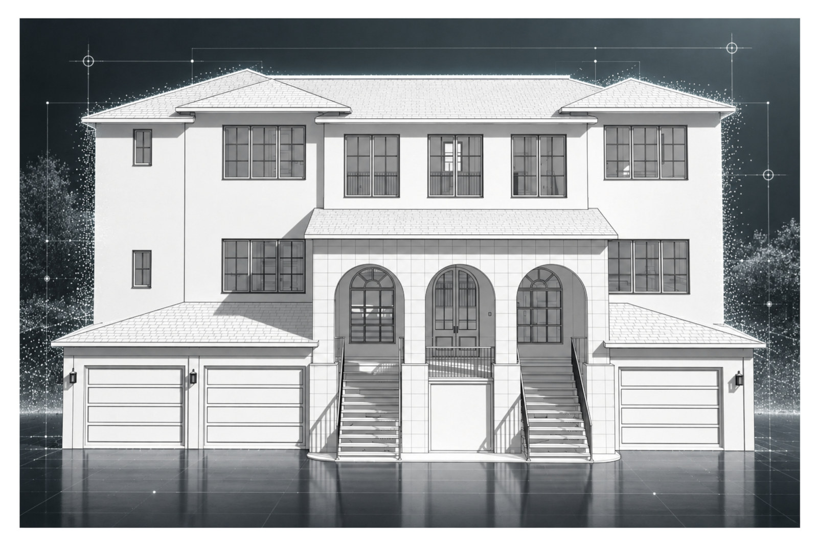 Front model view with three arched openings, two stairways, and garages on both sides.