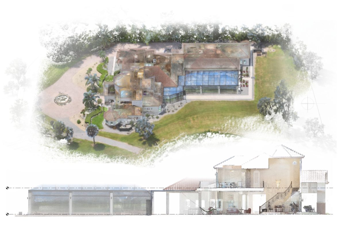 Colorized point-cloud views of captured building and site conditions.