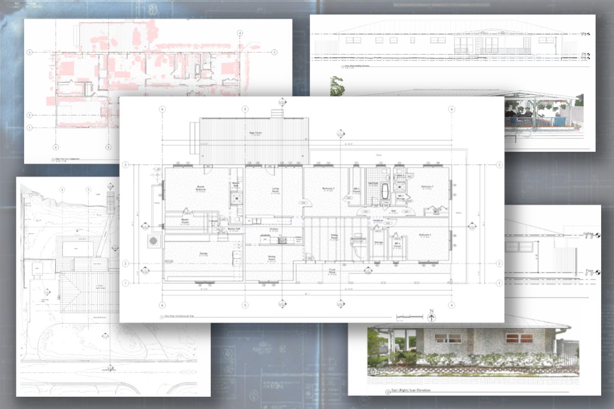 Existing-condition floor plan, elevation, and section drawing sheets.