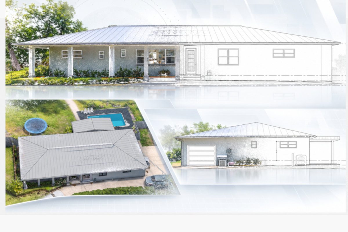 Building exterior photographs paired with existing-condition elevation views.